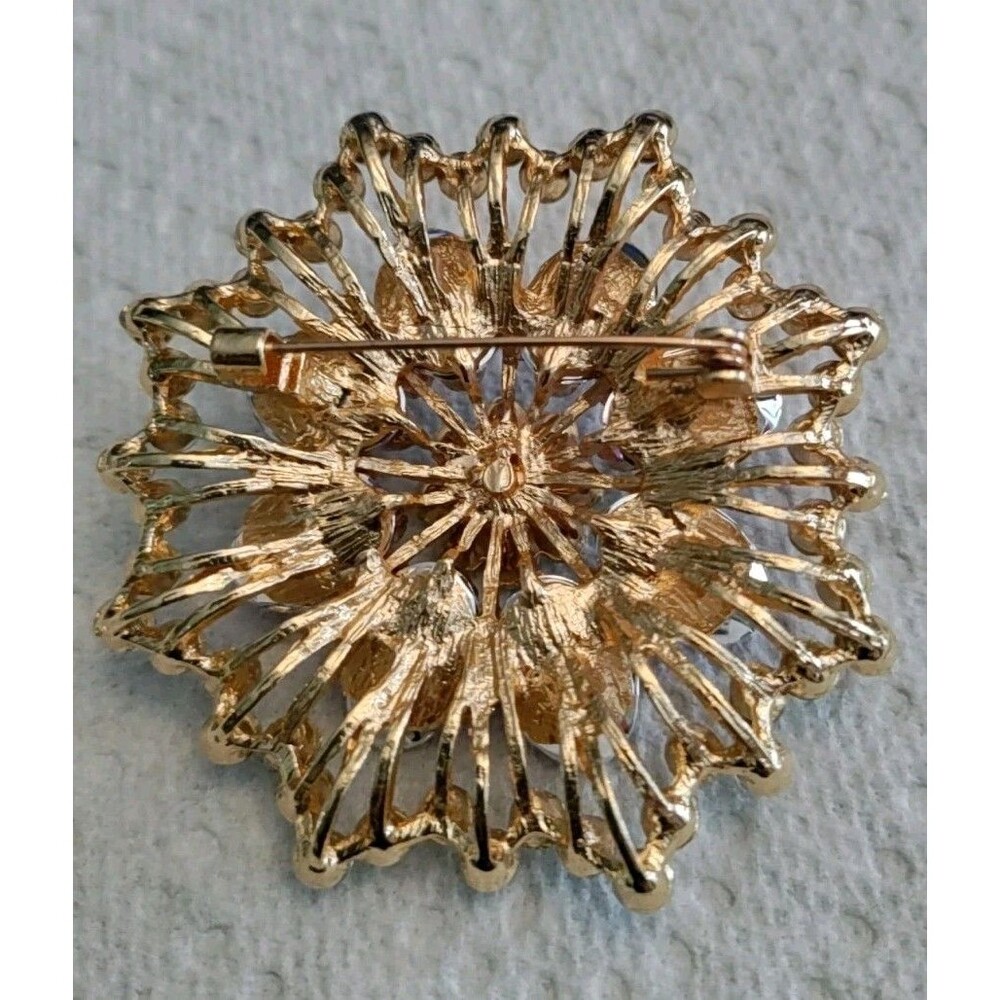 Purple & Clear Gold Tone Flower Brooch 2.5" Diameter - Picture 2 of 3